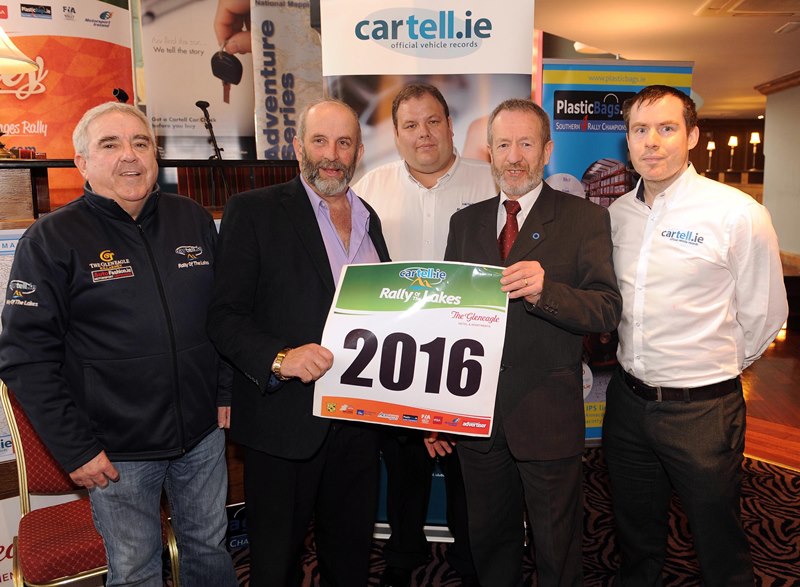 Donal Lawlor (cartell.ie), Deputy Danny Healy Rae TD, Anthony O'Connor, Clerk of the Course, Sean Kelly MEP and John Byrne (cartell.ie), at the launch of the Cartell.ie International Rally of the Lakes in Scotts Hotel, Killarney on Monday. The rally will take place in Killlarney from Friday 29th April to Sunday 1st May 2016. Picture: Eamonn Keogh