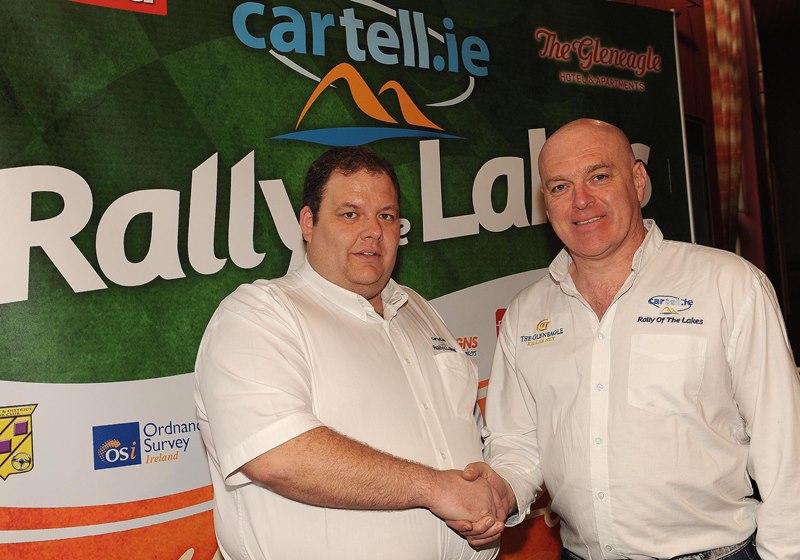Newly appointed Clerk of the Course Anthony O'Connor, is wished every success by former Clerk of the Course Dermot Healy at the launch of the Cartell.ie International Rally of the Lakes in Scotts Hotel, Killarney on Monday. The rally will take place in Killlarney from Friday 29th April to Sunday 1st May 2016. Picture: Eamonn Keogh