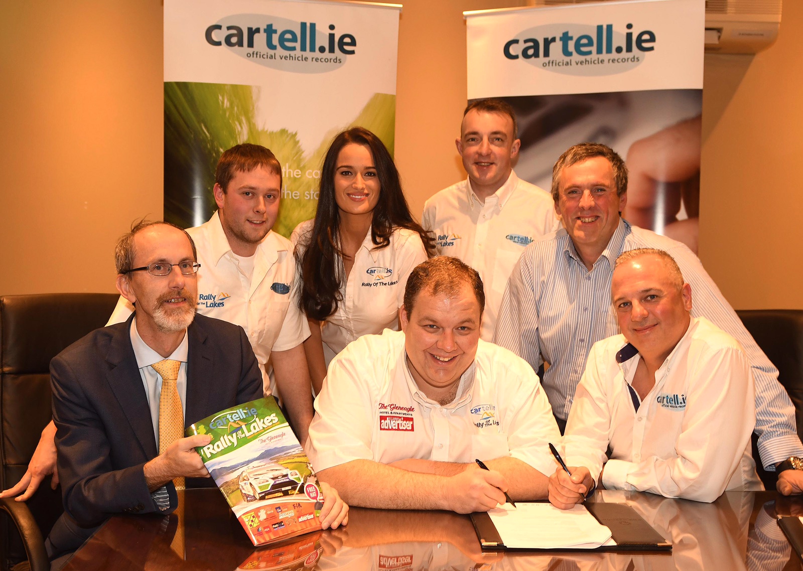 Derek Lee, Gleneagle Hotel, Anthony O'Connor, Clerk of the Course, and Richie Lahiff ,cartell.ie, seated with Adrian Cronin, Mags Milner, Johnny Hickey and Diarmuid Cronin, (Killarney and District Motor Club Chairman) at the signing of a sponsorship contract extension forthe cartell.ie International Rally of the Lakes. Picture: Eamonn Keogh (