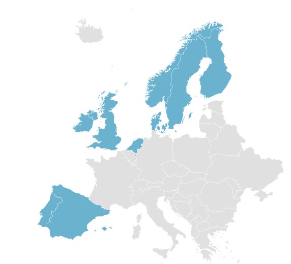 Map of Europe showing the markets where Cartell provides VRM data: Ireland, the UK, Portugal, Spain, the Netherlands, Denmark, Norway, Sweden, Finland and Malta